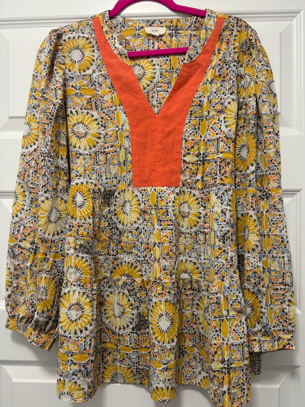 OTT Boho Floral Peasant Top with Orange Yoke